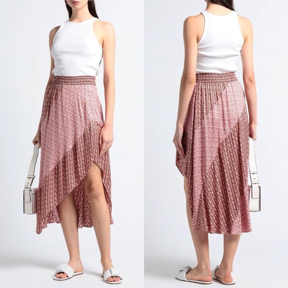 Maje Jivio Asymmetrical Floral Smocked Midi Skirt Pink Mixed Print NWT 42 Large